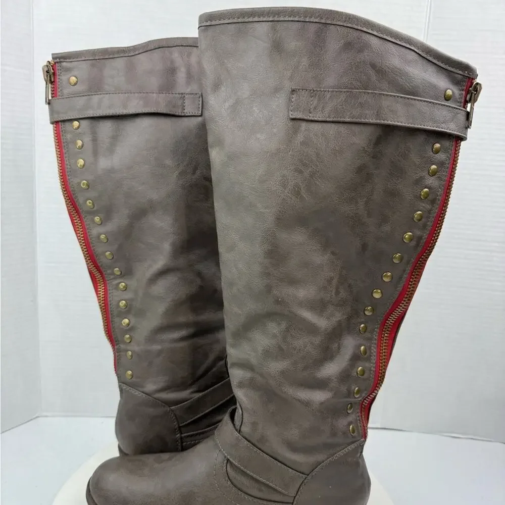 JOURNEE COLLECTION Womens Sz 8.5 Knee High Spokane Taupe Zip Up Boots Brown‎